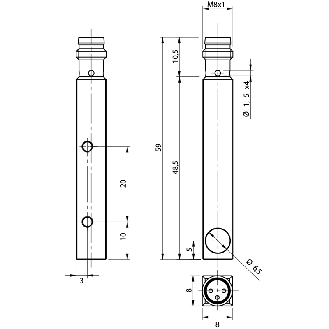 DPI Rect. PNP NO P2mm noyé 8x8x59mm Inox M08 3P - IL8/AP-3F-Lire la description