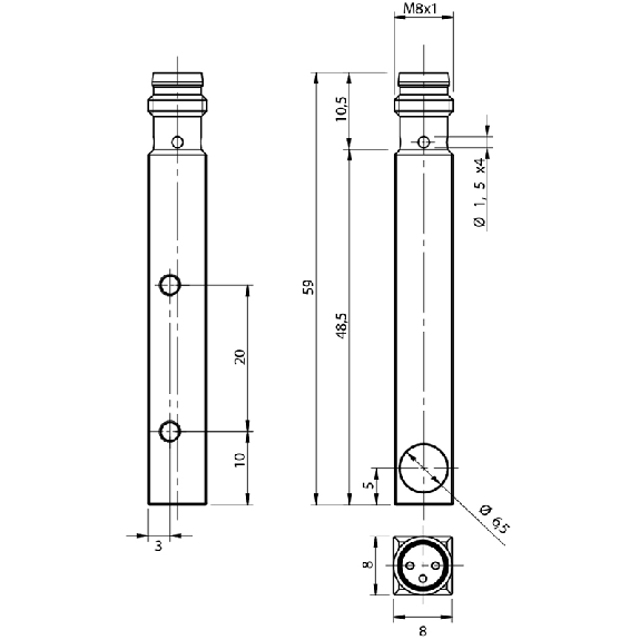 DPI Rect. PNP NO P2mm noyé 8x8x59mm Inox M08 3P - IL8/AP-3F-Lire la description