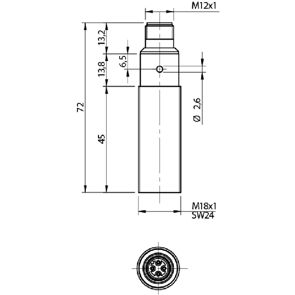 DPI M18 PNP/NPN NO+NF P5mm noyé 72(45)mm Laiton M12 4P - PK3/00-1H-Lire la description