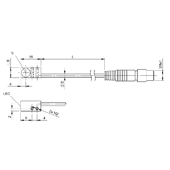 DPI Rect. PNP NO P2mm noyé 8x8x16mm Laiton / M08 3P+C0.33m PUR - BES Q08MFC-PSC20B-EP00,33-GS49 (BES04Z8)-Lire la description