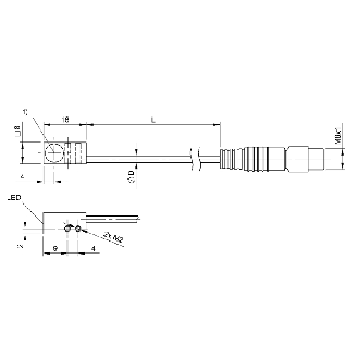 DPI Rect. PNP NO P2mm noyé 8x8x16mm Laiton / M08 3P+C0.33m PUR - BES Q08MFC-PSC20B-EP00,33-GS49 (BES04Z8)-Lire la description