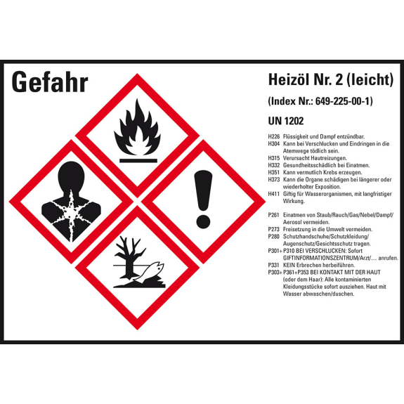 Gefahrstoffetikett Heizöl leicht UN 1202, GefStoffV/GHS/CLP, 148x105mm, 4/Bogen Gefahrstoffetikett Heizöl leicht UN 1202, GefStoffV/GHS/CLP, 148x105mm, 4/Bogen-Beschreibung lesen