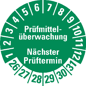 Prüfplakette Prüfmittelüberwachung NP,26-31,grün,Folie,selbstkl.,Ø 30mm,10/Bogen-Beschreibung lesen