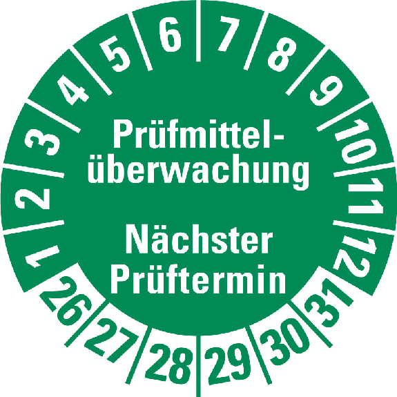 Prüfplakette Prüfmittelüberwachung NP,26-31,grün,Folie,selbstkl.,Ø 30mm,10/Bogen-Beschreibung lesen