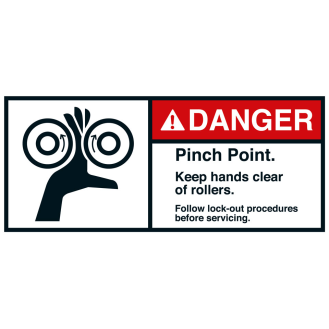 ANSI-Aufkleber DANGER Pinch Point,Walzen/unten,UL anerk.,Folie,45x100mm,2/BOG-Beschreibung lesen