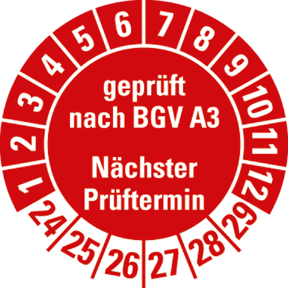 Prüfplakette gepr.n.BGV A3 Nächster Prüftermin 24-29,rot,Folie,Ø 30mm,500/Rolle Prüfplakette gepr.n.BGV A3 Nächster Prüftermin 24-29,rot,Folie,Ø 30mm,500/Rolle-Beschreibung lesen
