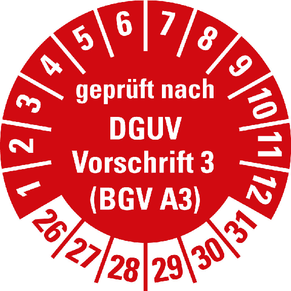 Prüfplakette gepr.n.DGUV Vor.3 (BGV A3),26-31,rot,Folie,selbst.,Ø 20mm,10/Bogen-Beschreibung lesen