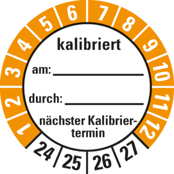 Prüfplakette kalibriert,nä.Kalibriert.,24-27,weiß/orange,Folie,Ø 30mm,10/Bogen-Beschreibung lesen