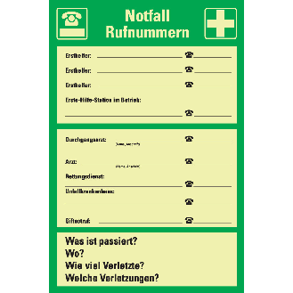 PERMALIGHT power langnachleuchtend Aushang Notfall Rufnummern, Kunststoff, 200x300mm-Beschreibung lesen