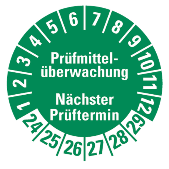 Prüfplakette Prüfmittelüberwachung NP,24-29,grün,Folie,selbstkl.,Ø 30mm,10/Bogen-Beschreibung lesen