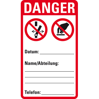 Wartungsetikett DANGER, beschriftbar, Polyesterfolie, Oberflächensch., 75x130mm, 5/VE P031-Beschreibung lesen