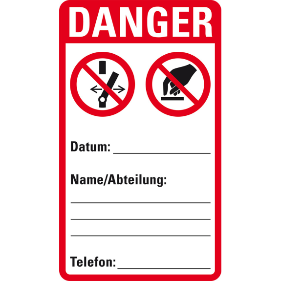 Wartungsetikett DANGER, beschriftbar, Polyesterfolie, Oberflächensch., 75x130mm, 5/VE P031-Lire la description