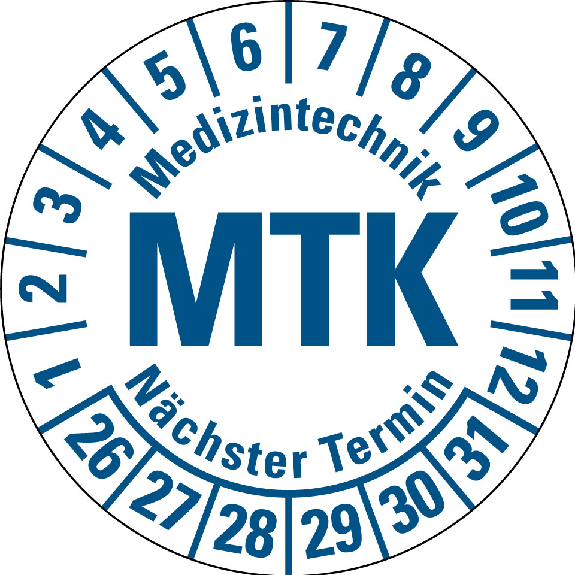 Prüfplakette MTK 26-31,weiß/blau,DIN EN 60601-01,Spezialkleber,Ø 20mm,10/Bogen Prüfplakette MTK 26-31,weiß/blau,DIN EN 60601-01,Spezialkleber,Ø 20mm,10/Bogen-Beschreibung lesen