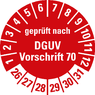 Prüfplakette gepr.n. DGUV Vorschrift 70,26-31,rot,Folie,selbst.,Ø 30mm,10/Bogen-Beschreibung lesen