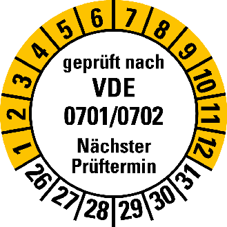 Prüfpl.gepr.n.VDE 0701/0702,NP,26-31,weiß/gelb,Folie,selbstkl.,Ø 30mm,10/Bogen-Beschreibung lesen