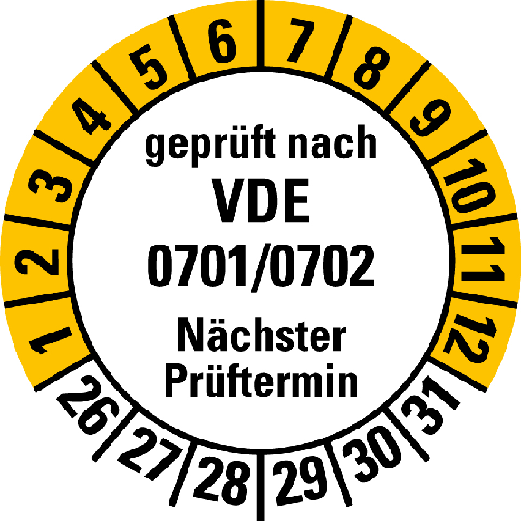 Prüfpl.gepr.n.VDE 0701/0702,NP,26-31,weiß/gelb,Folie,selbstkl.,Ø 30mm,10/Bogen Prüfpl.gepr.n.VDE 0701/0702,NP,26-31,weiß/gelb,Folie,selbstkl.,Ø 30mm,10/Bogen-Beschreibung lesen