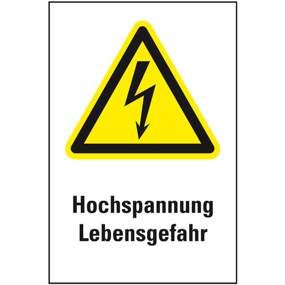 Warn-Kombischild Hochspannung Lebensgefahr, praxisbewährt, Symb. Kunststoff, 200x300mm, ASR A1.3, DIN EN ISO 7010 W012-Lire la description