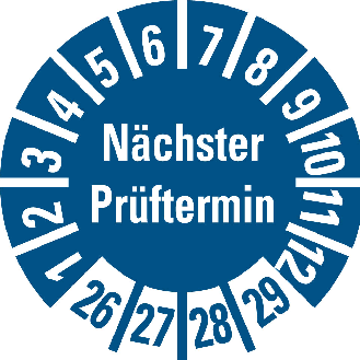 Prüfplakette Nächster Prüftermin 26-29,blau,Folie,selbstklebend,Ø 10mm,10/Bogen-Beschreibung lesen