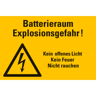 Warnschild Batterieraum Explosionsgefahr! Kein..., Folie, selbstkl., 200x300mm-Beschreibung lesen