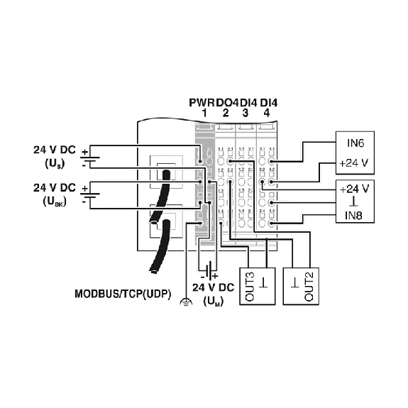 Coupleur de bus Modbus/TCP (UDP) 8E 24VDC, 4S 24VDC, 500mA - IL ETH BK DI8 DO4 2TX-XC-PAC-Lire la description