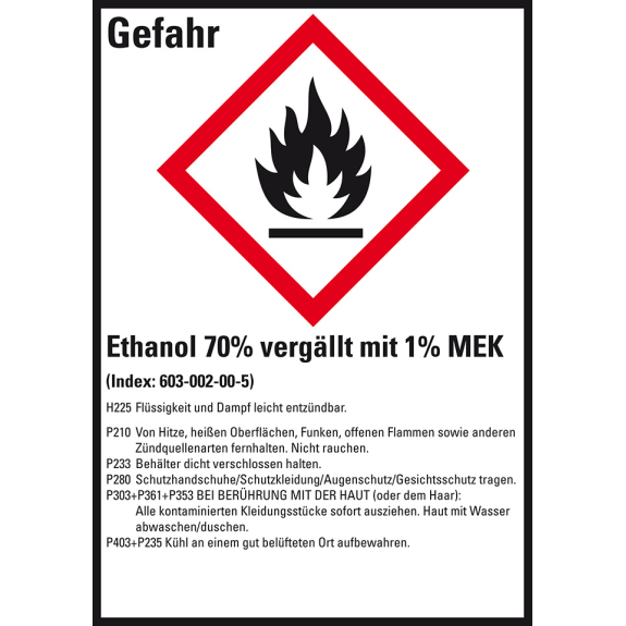 GHS-Etikett Ethanol 70% .. mit 1% MEK, GefStoffV/GHS/CLP, Folie, 52x74mm, 10/Bogen-Lire la description