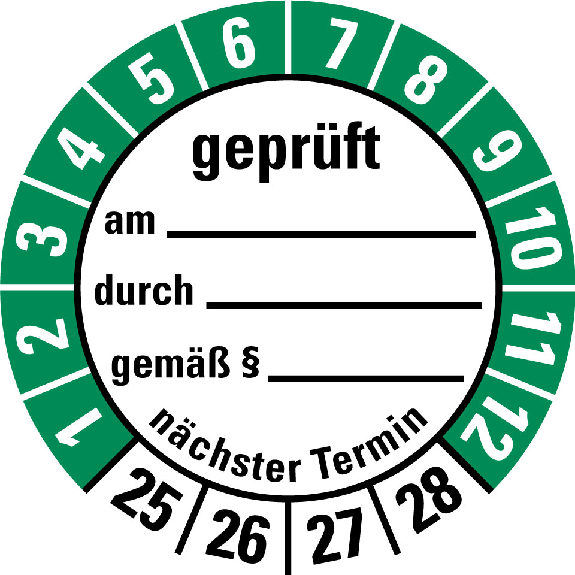 Prüfplakette geprüft am,durch,nä. Termin,25-28,weiß/grün,Folie,Ø 40mm,10/Bogen-Beschreibung lesen