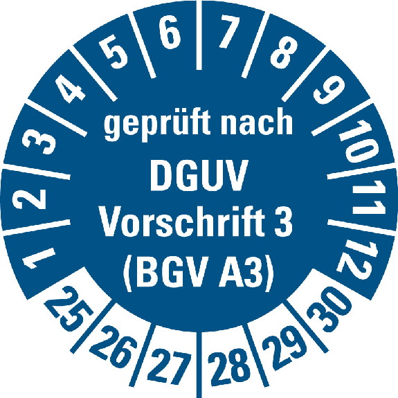 Prüfplakette gepr.n.DGUV Vor.3 (BGV A3),25-30,blau,Folie,selbst.,Ø20mm,10/Bogen-Beschreibung lesen