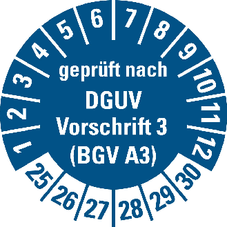 Prüfplakette gepr.n.DGUV Vor.3 (BGV A3),25-30,blau,Folie,selbst.,Ø20mm,10/Bogen-Beschreibung lesen