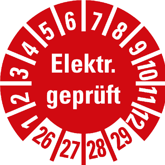 Prüfplakette Elektr.geprüft, 26-29, rot, Folie, selbstklebend, Ø 10mm, 10/Bogen-Beschreibung lesen