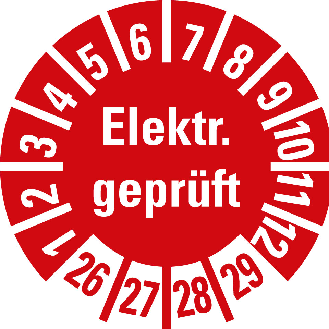Prüfplakette Elektr.geprüft, 26-29, rot, Folie, selbstklebend, Ø 10mm, 10/Bogen-Beschreibung lesen