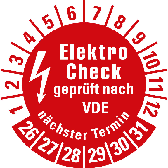 Prüfplakette Elektro-Check nach VDE,n.Termin,26-31,rot,Folie,Ø 20mm,500/Rolle-Beschreibung lesen