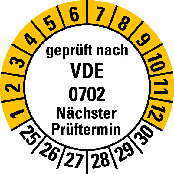 Mehrjahresprüfplakette gepr.nach VDE 0702 NP,25-30,weiß/gelb,Folie,20mm,10/Bogen Mehrjahresprüfplakette gepr.nach VDE 0702 NP,25-30,weiß/gelb,Folie,20mm,10/Bogen-Beschreibung lesen