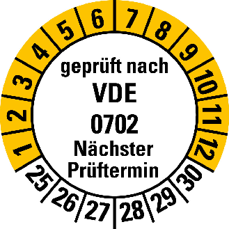 Mehrjahresprüfplakette gepr.nach VDE 0702 NP,25-30,weiß/gelb,Folie,20mm,10/Bogen-Beschreibung lesen