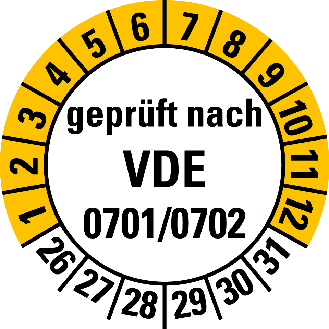 Prüfplakette geprüft nach VDE 0701/0702,26-31,Folie,selbstkl.,Ø 30mm,500/Rolle-Beschreibung lesen