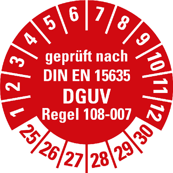 Prüfplakette gepr.n.DIN EN 15635,DGUV Regel,25-30,Folie,Ø 30mm,10/Bogen-Beschreibung lesen