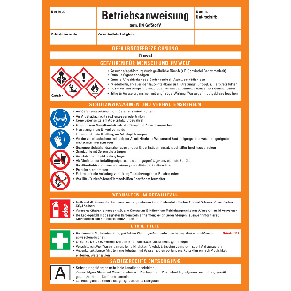 Betriebsanweisung Diesel, CLP/GHS, Kunststoff, 210x297mm, ASR A1.3, DIN EN ISO 7010-Beschreibung lesen