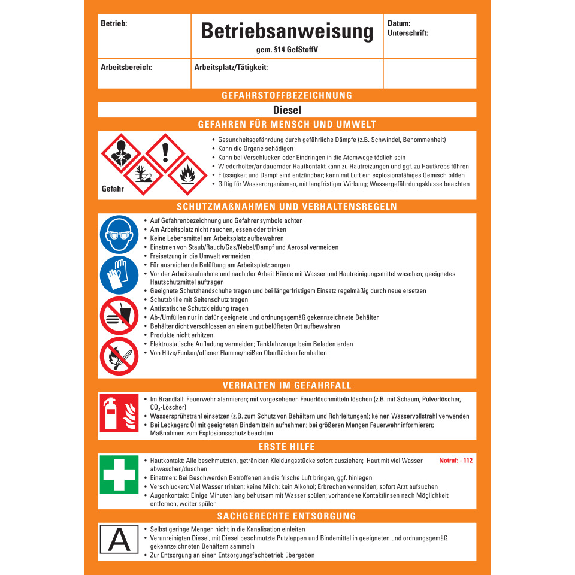 Betriebsanweisung Diesel, CLP/GHS, Kunststoff, 210x297mm, ASR A1.3, DIN EN ISO 7010 Betriebsanweisung Diesel, CLP/GHS, Kunststoff, 210x297mm, ASR A1.3, DIN EN ISO 7010-Beschreibung lesen