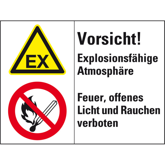 Kombischild mit Symbolen Vorsicht! Explosionsfähige .., Kunststoff, 200x150m Kombischild mit Symbolen Vorsicht! Explosionsfähige .., Kunststoff, 200x150m-Beschreibung lesen
