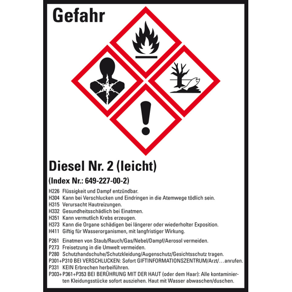 Gefahrstoffetikett Diesel No.2, GefStoffV/GHS/CLP, Folie, 52x74mm, 10/Bogen-Leggi tutto