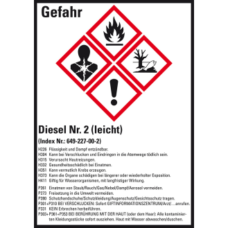 Gefahrstoffetikett Diesel No.2, GefStoffV/GHS/CLP, Folie, 52x74mm, 10/Bogen-Beschreibung lesen