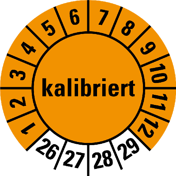 Prüfplakette kalibriert, 26-29, orange, Folie, selbstklebend, Ø 20mm, 10/Bogen Prüfplakette kalibriert, 26-29, orange, Folie, selbstklebend, Ø 20mm, 10/Bogen-Beschreibung lesen