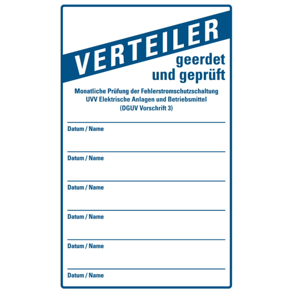 Prüfnachweis,für Baustromverteiler,UVV (DGUV Vorschr.3),Folie,130x80mm,10/Heft-Beschreibung lesen