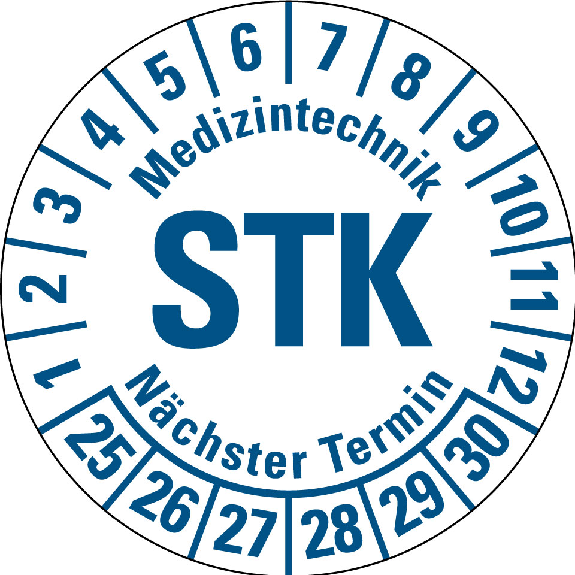 Prüfplakette STK 25-30,weiß/blau,DIN EN 60601-01,Spezialkleber,Ø 30mm,10/Bogen-Beschreibung lesen