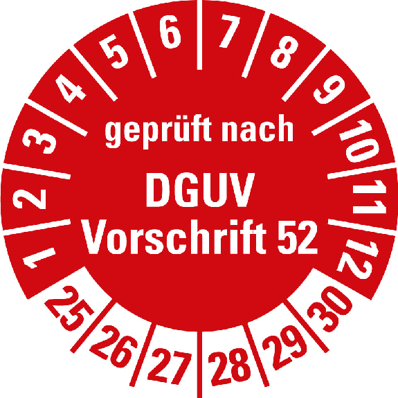 Prüfplakette gepr. nach DGUV Vorschr.52,25-30,rot,Folie,selbst.,Ø 30mm,10/Bogen Prüfplakette gepr. nach DGUV Vorschr.52,25-30,rot,Folie,selbst.,Ø 30mm,10/Bogen-Beschreibung lesen