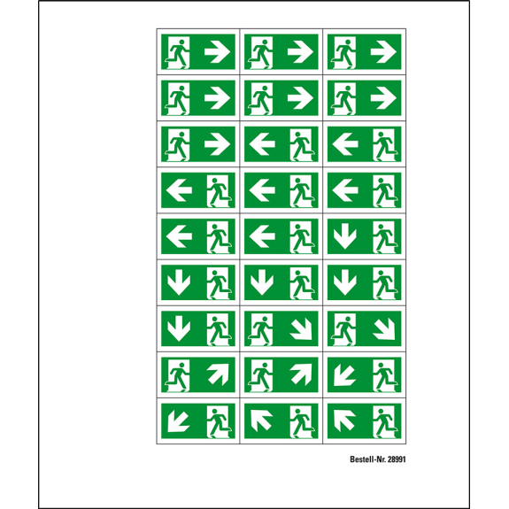Minisymbol-Sammelbogen Rettungsweg, Folie, selbstklebend, 12mm, 27/Bogen, ASR A1.3, DIN EN ISO 7010-Beschreibung lesen