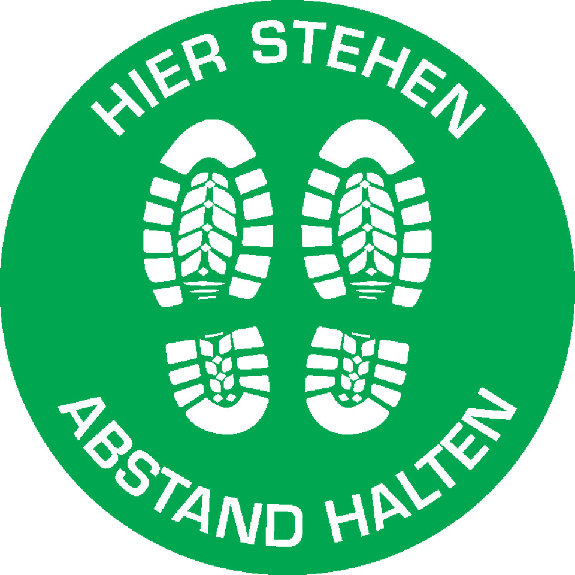 Bodenzeichen Hier stehen - Abstand halten, Rutschhemmung R10, Bodenmarkierungsfolie, Ø 400mm-Beschreibung lesen