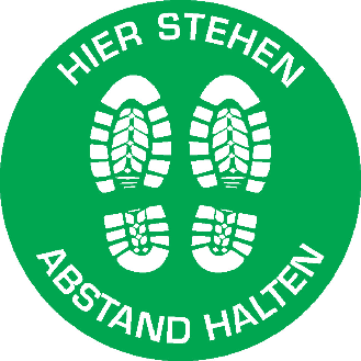 Bodenzeichen Hier stehen - Abstand halten, Rutschhemmung R10, Bodenmarkierungsfolie, Ø 400mm-Beschreibung lesen