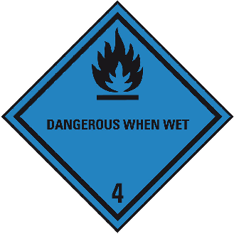 Verpackungskennzeichen Klasse 4.3, Dangerous When Wet, Folie, seewasserbeständig, 100x100mm, IMDG-Code, GGVSEB, ADR IATA-Beschreibung lesen