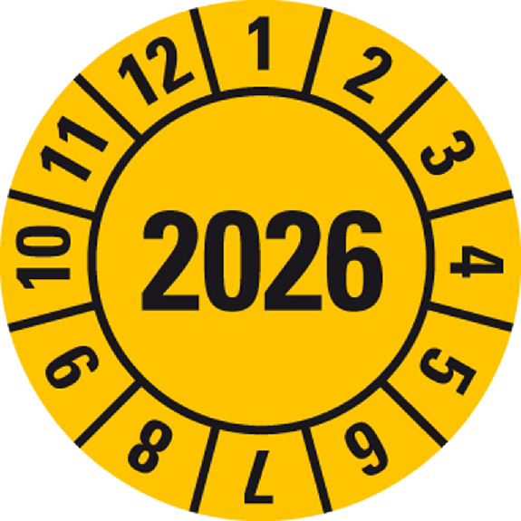 Prüfplakette 2026, gelb, Folie, selbstklebend, Ø 30mm, 500/Rolle-Beschreibung lesen