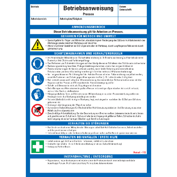 Maschinenbetriebsanweisung Pressen, Kunststoff, 210x297mm, ASR A1.3, DIN EN ISO 7010-Beschreibung lesen